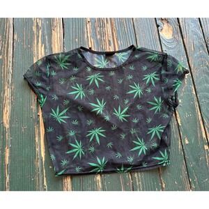 Spencers Sheer Mesh Weed Leaf Crop Top Black Green Pot Marijuana Print Size M